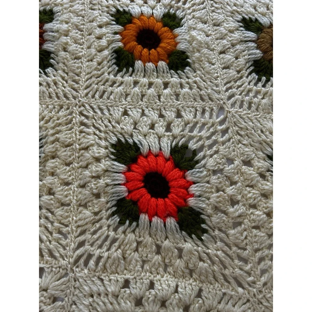 Vintage Handmade Crochet Granny Square Sunflower Blanket /‎ Throw 76x83